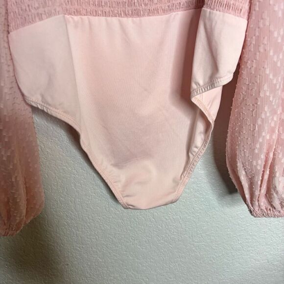 Showpo Womens Bodysuit Blouse Top Pink 16 Balloon Sleeve Ruched Swiss Dot - Picture 7 of 12